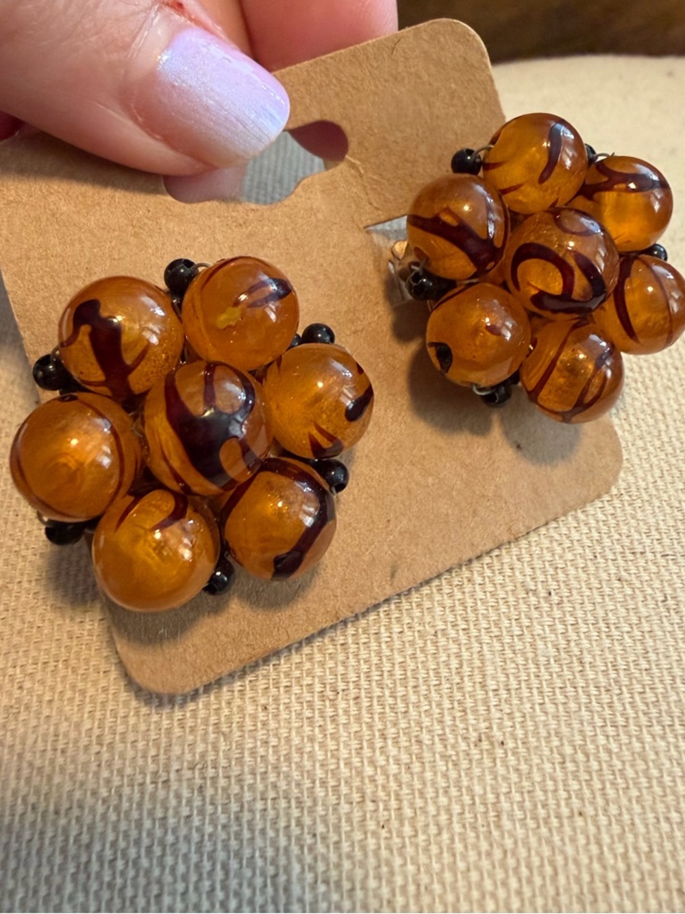 Vintage Amber Glass Cluster Clip-On Earrings